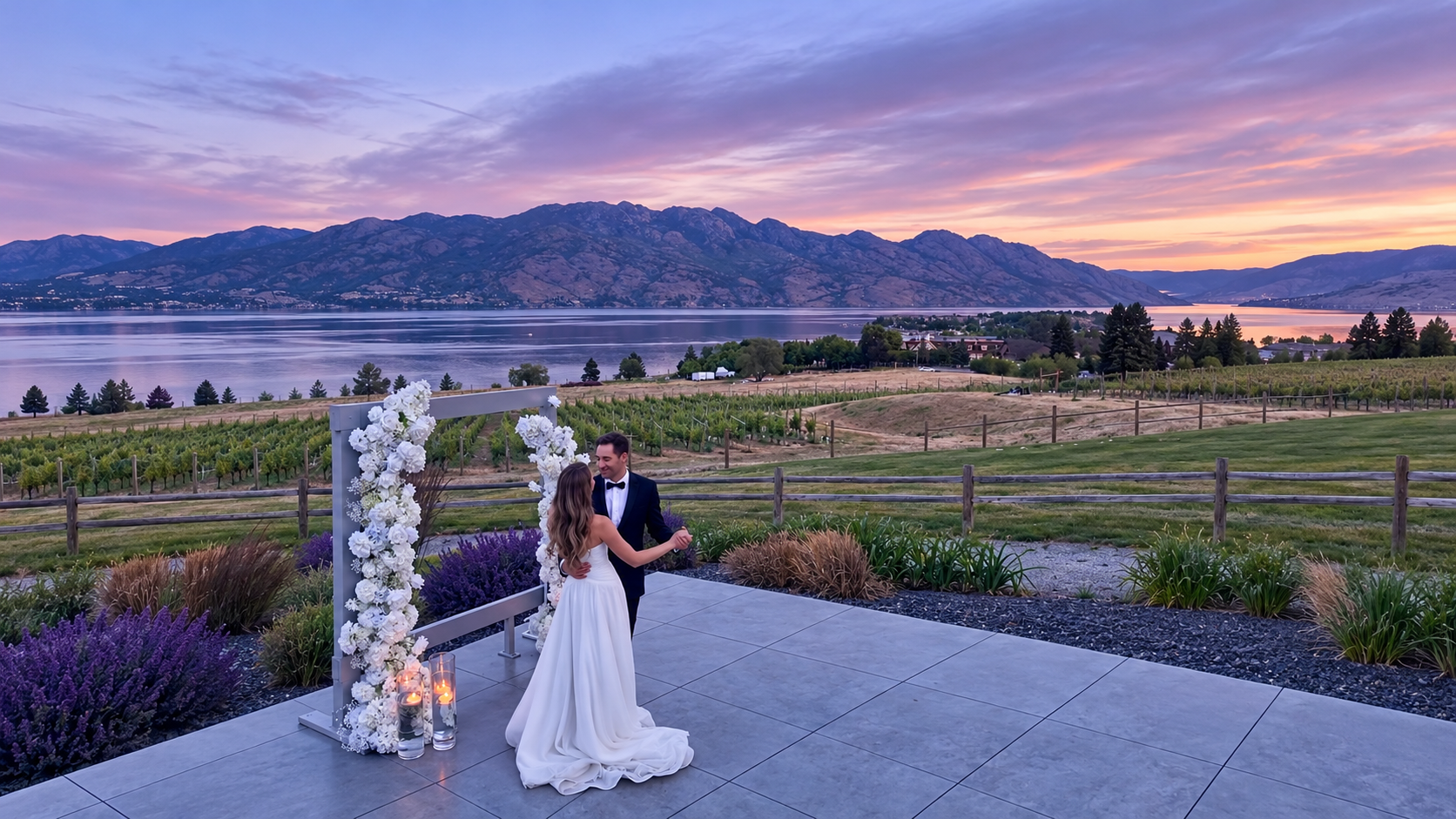 A couple dancing at The Gallery Winery beneath a purple sunset sky
