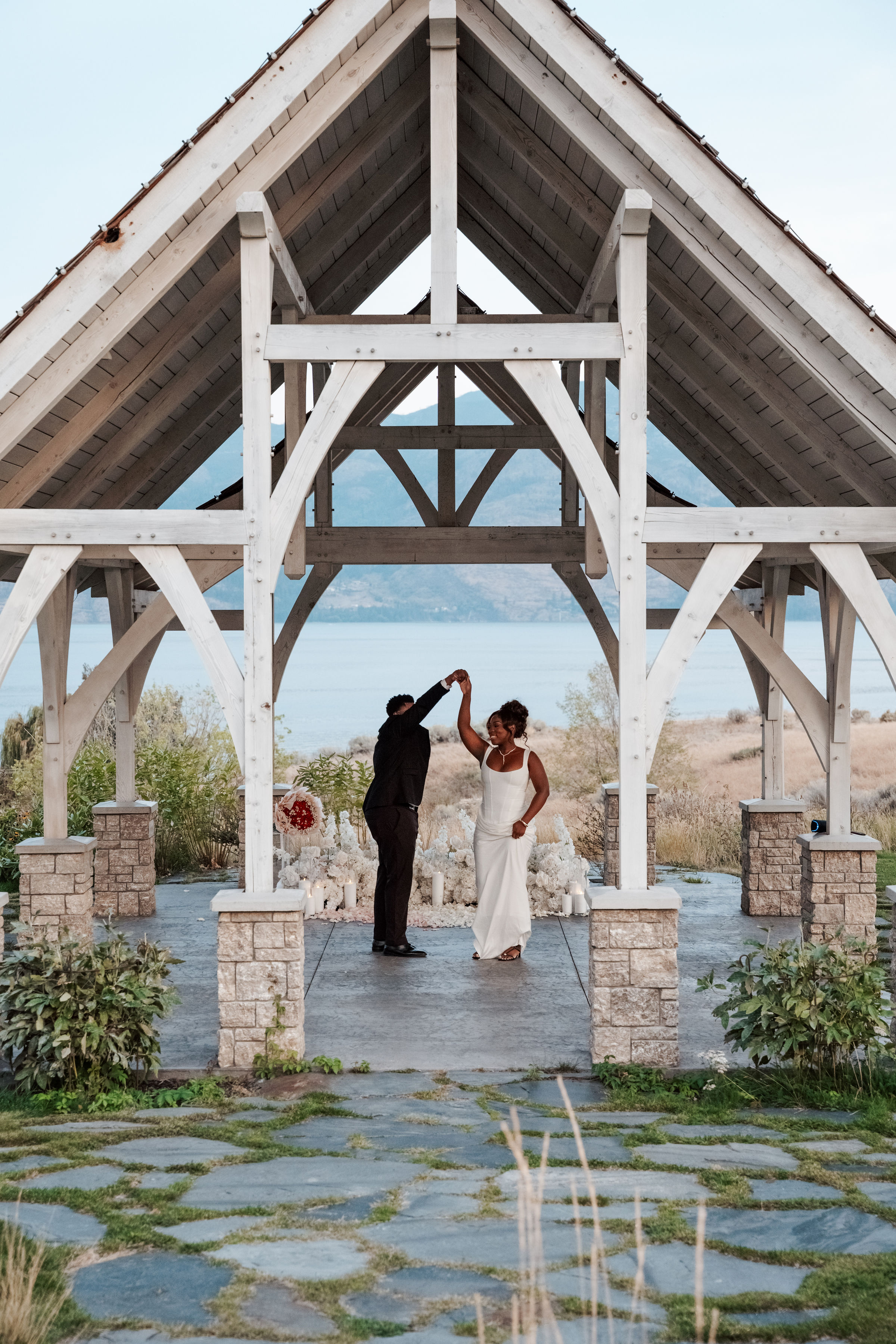 Romantic floral styling at Sanctuary Gardens overlooking Okanagan Lake in West Kelowna